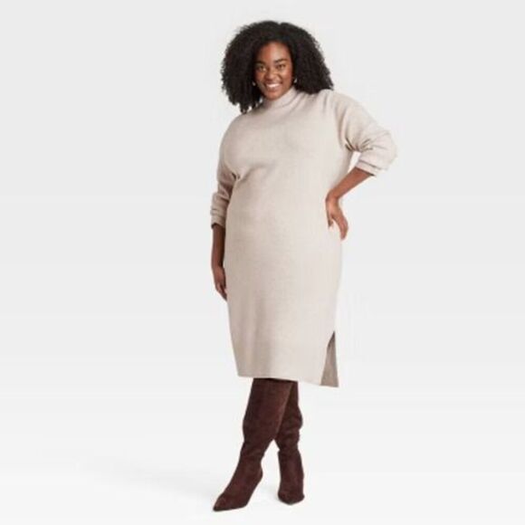 A New Day - Women's Long Sleeve Midi Sweater Dress - A New Day Taupe - Picture 1 of 2